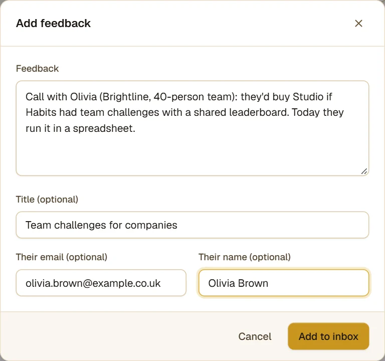 The "Add feedback" dialog: notes from a call with a 40-person company that wants team challenges, with the title "Team challenges for companies" and the customer's email and name.