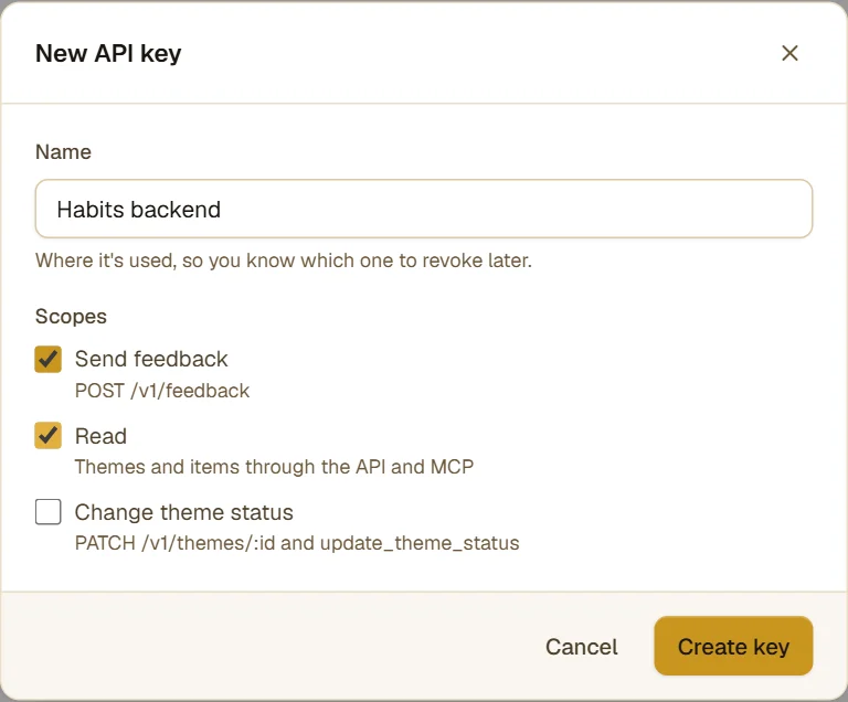 The "New API key" dialog with the name "Habits backend" and the scopes "Send feedback" and "Read" checked.