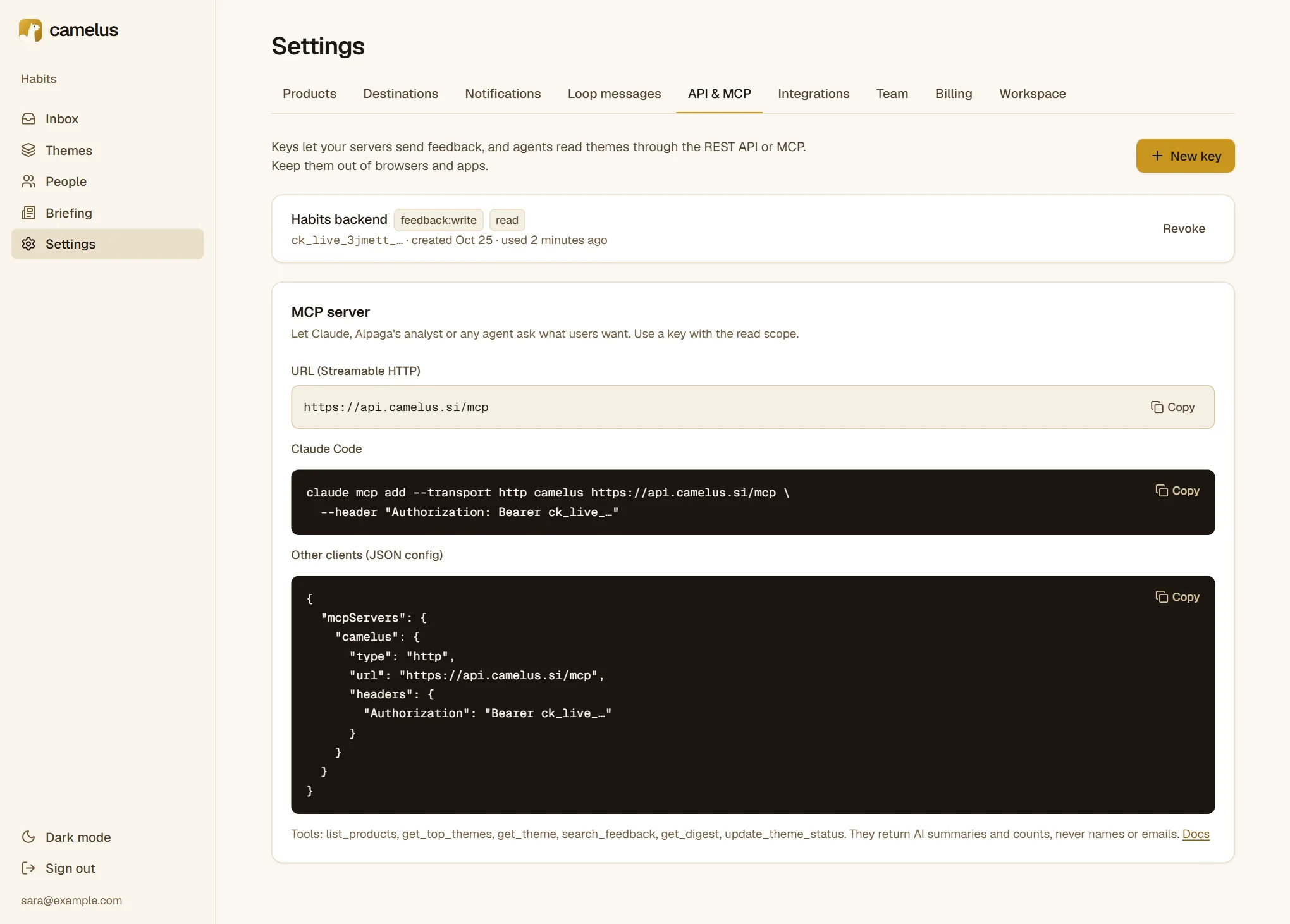 The API & MCP page: the "Habits backend" key with its scopes, and the MCP server URL with setup snippets for Claude Code and other clients.
