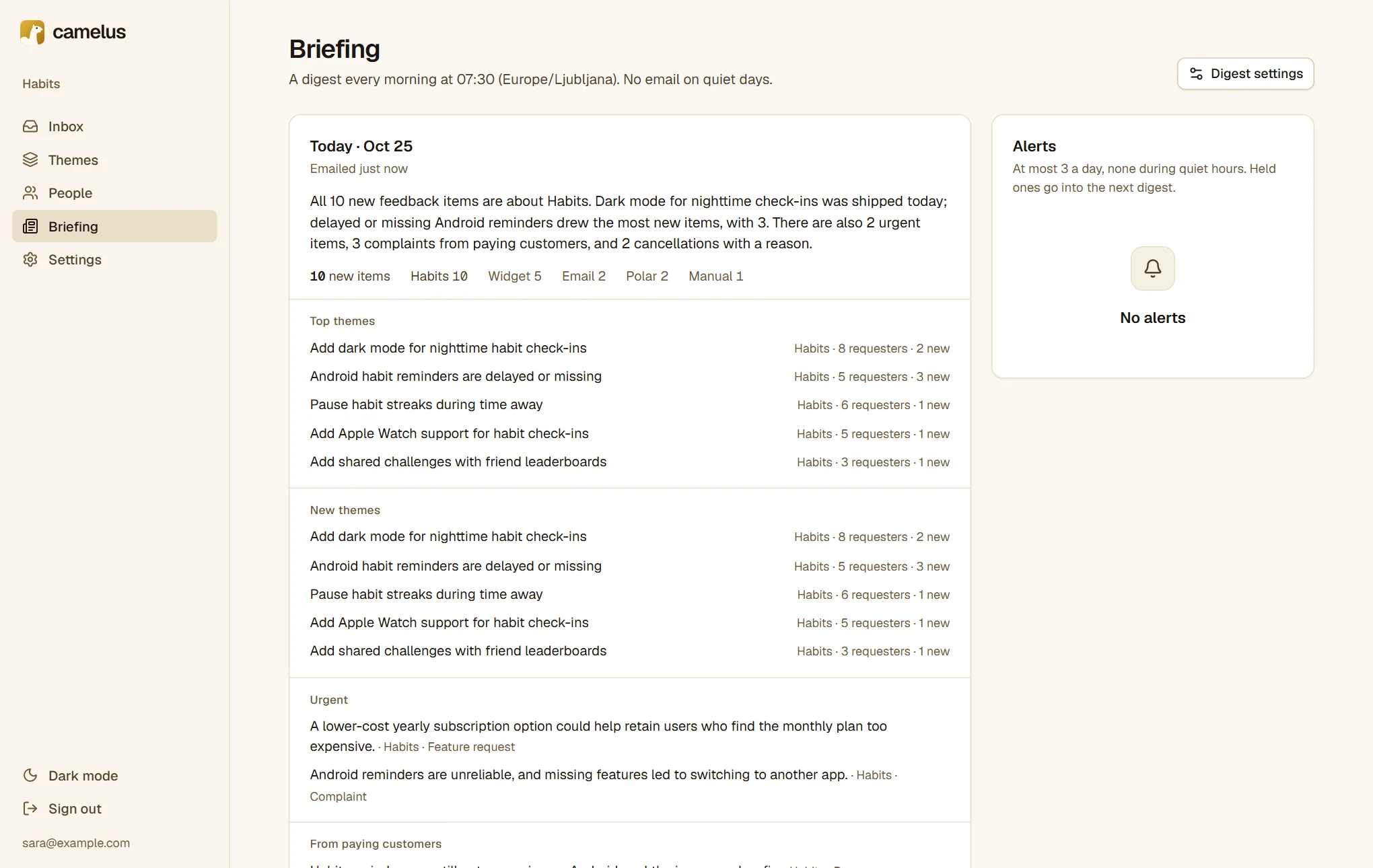 The Briefing page: today's digest with a short opening paragraph, counts by source, top themes, new themes, urgent items and feedback from paying customers, and an Alerts panel.