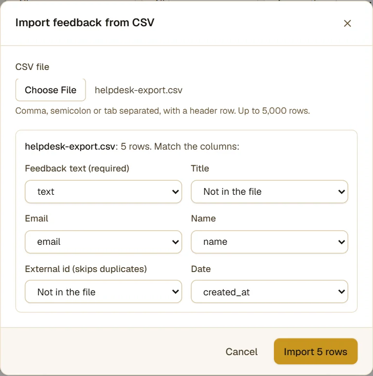 The CSV import dialog: "helpdesk-export.csv: 5 rows", with columns matched to Feedback text, Email, Name and Date.