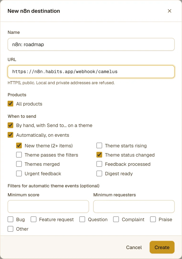 The "Add a destination" form for the n8n preset: name "n8n: roadmap", the workflow's webhook URL, when to send, and the payload format.