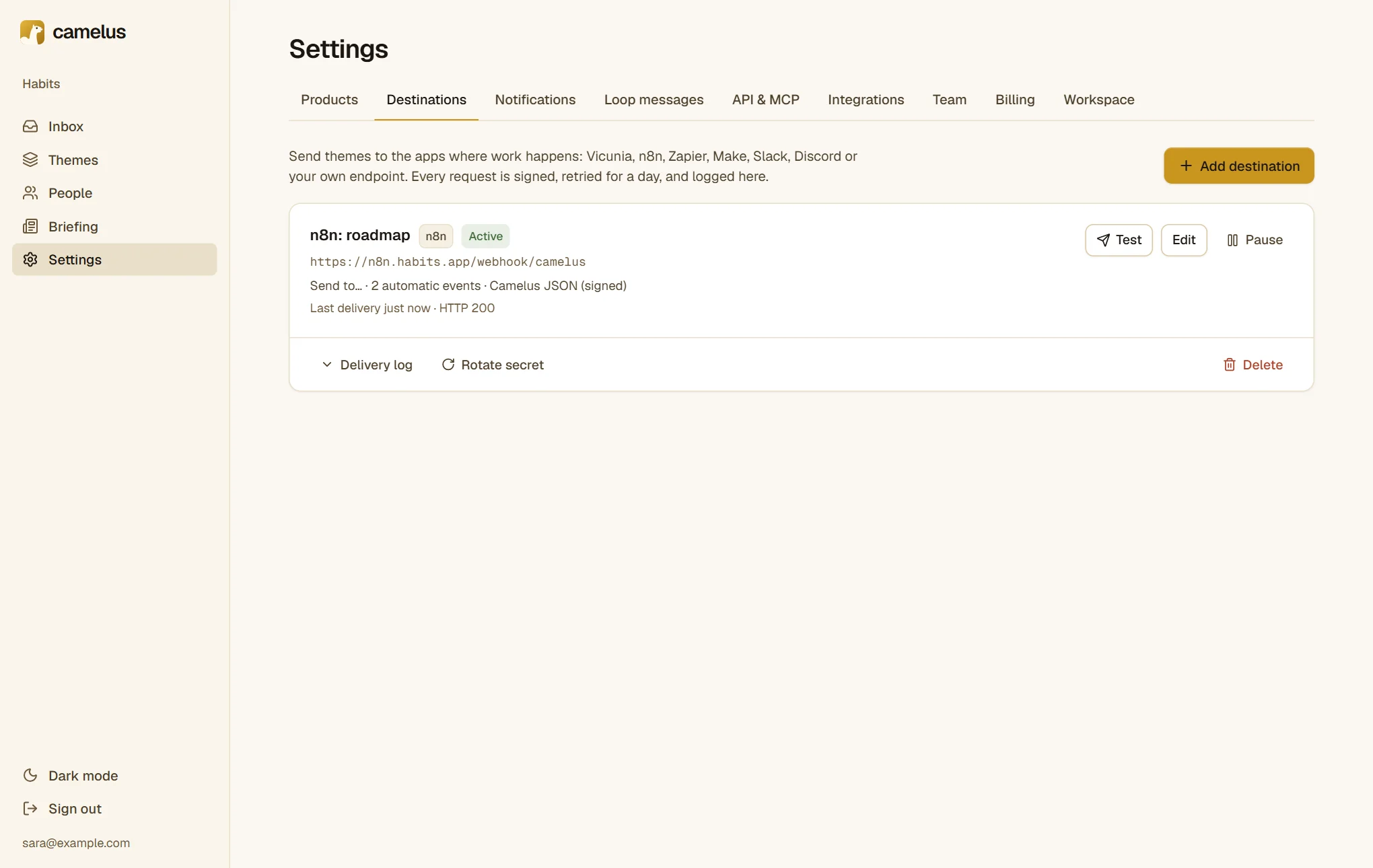 The Destinations page with "n8n: roadmap": active, last delivery just now, HTTP 200.