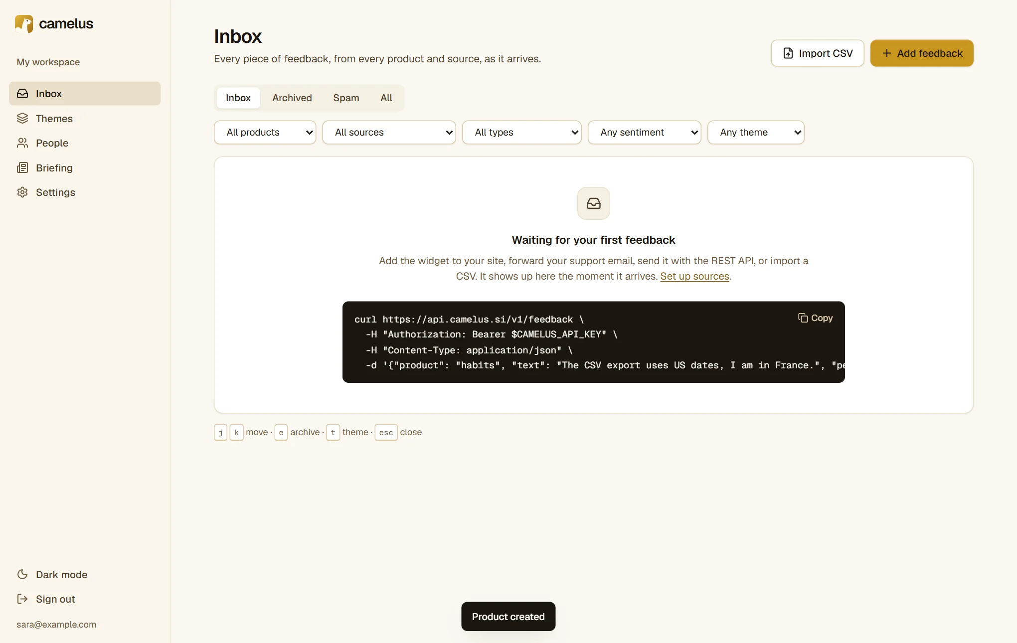 The empty Inbox: "Waiting for your first feedback", with a curl example below.
