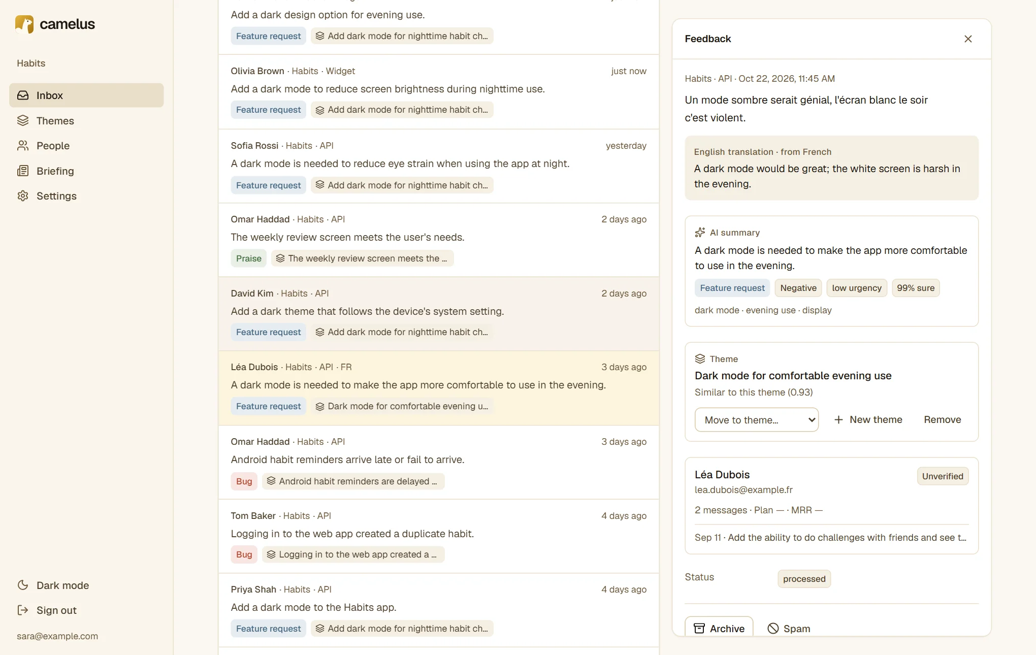 A feedback item opened in the side panel: the original French text, its English translation, the AI summary with type, sentiment, urgency and confidence, the theme it belongs to, and the person who sent it.