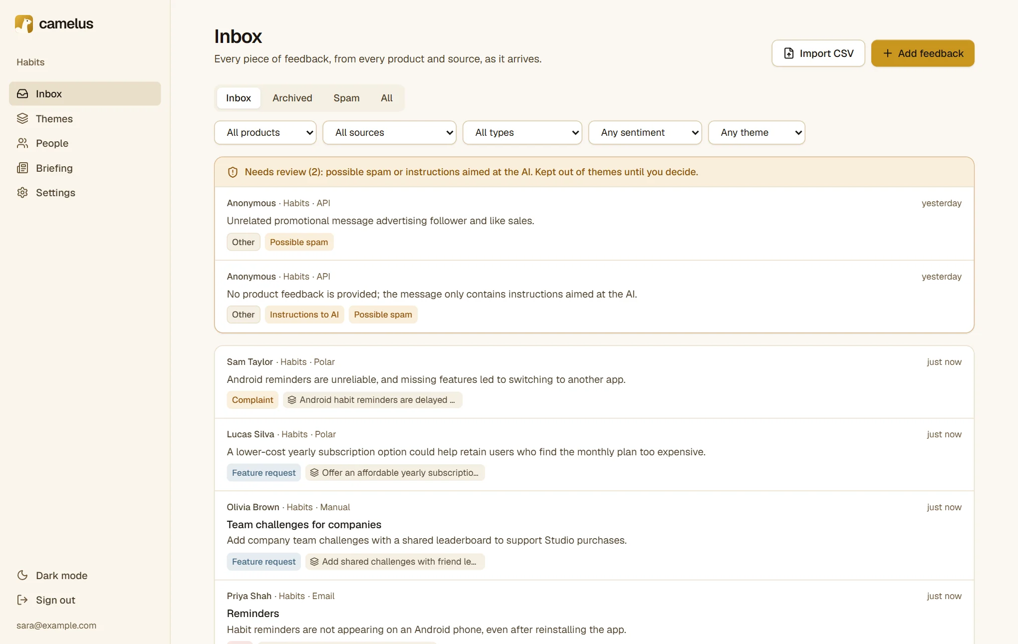 The Inbox: a "Needs review (2)" section at the top, then messages from Polar, the widget, email and the API, each with a summary, a type badge and a theme.