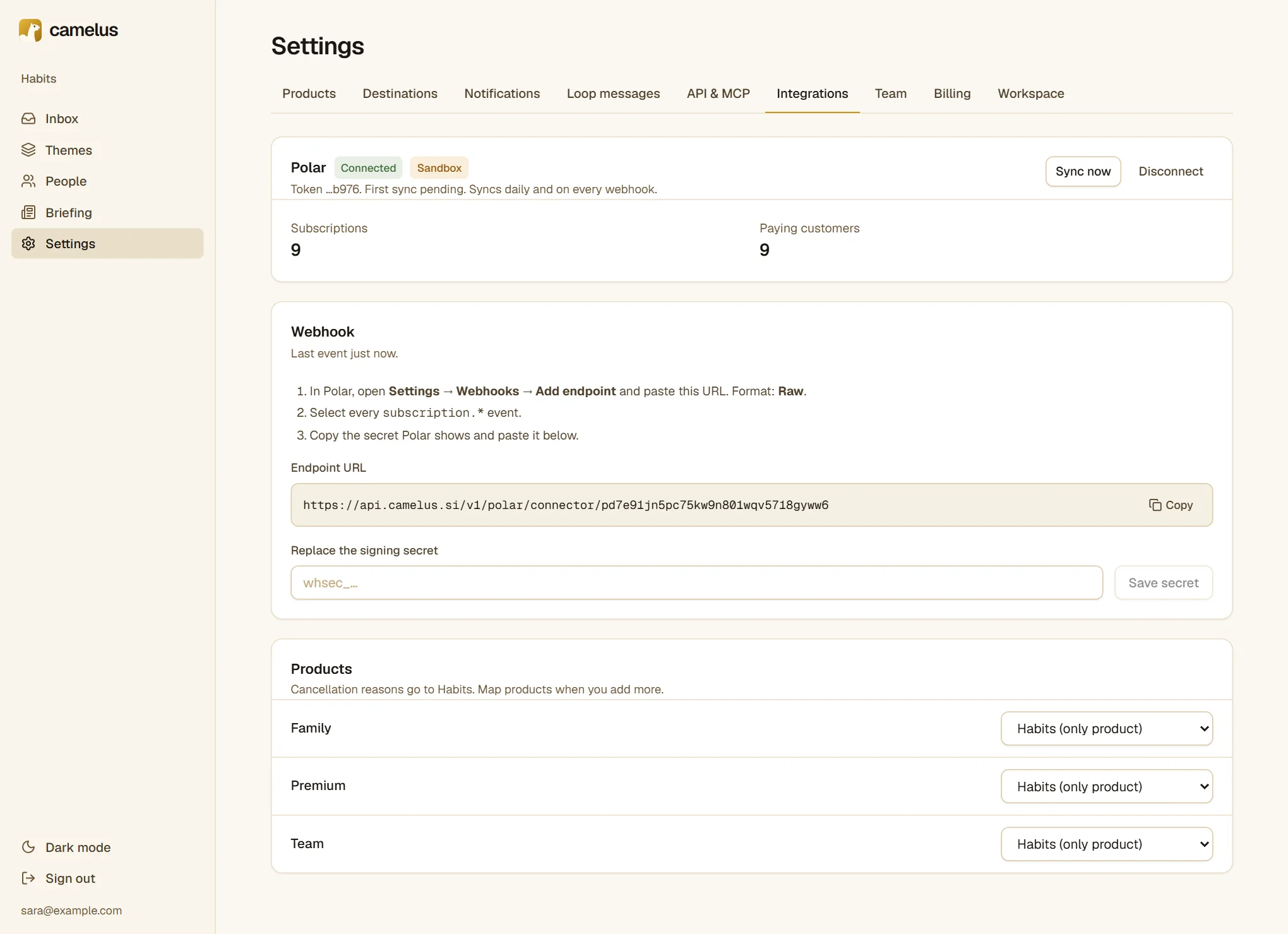 The Integrations page: Polar connected, 9 subscriptions and 9 paying customers, the webhook endpoint, and Polar's products mapped to Habits.