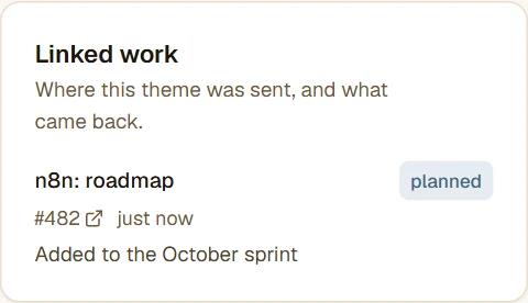 The "Linked work" card on the theme: the n8n destination, issue #482 and the status "planned".