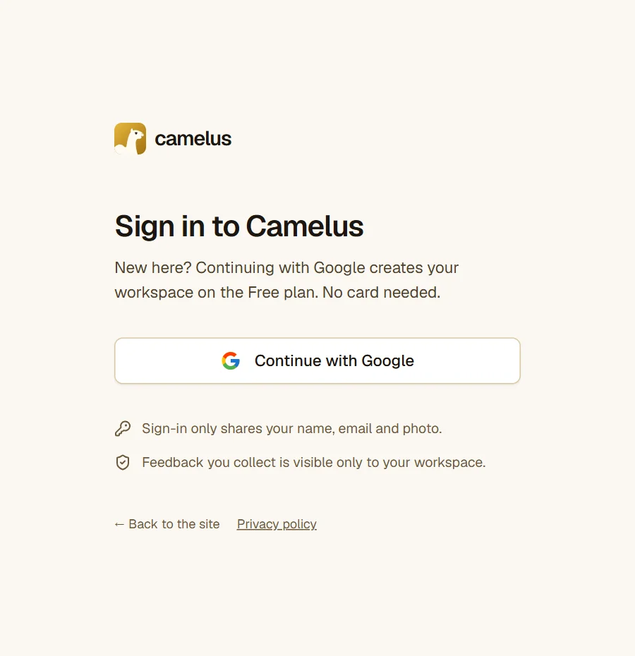 The Camelus sign-in page, with a single "Continue with Google" button.