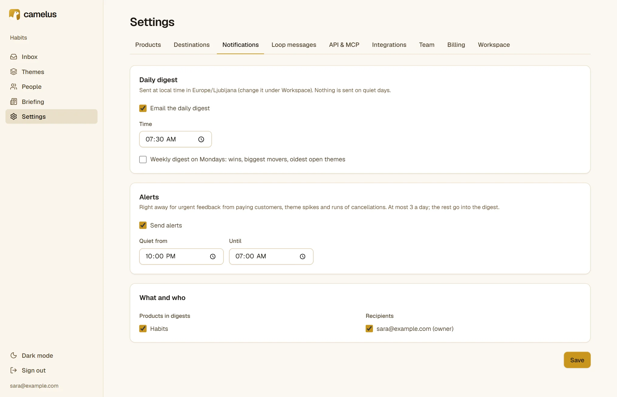 The Notifications settings: digest time and products, alert quiet hours, and recipients.