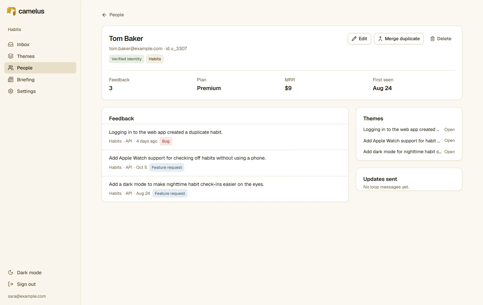 Tom Baker's page: verified identity, 3 messages, Premium plan, $9 MRR, his feedback and the three themes he's part of.