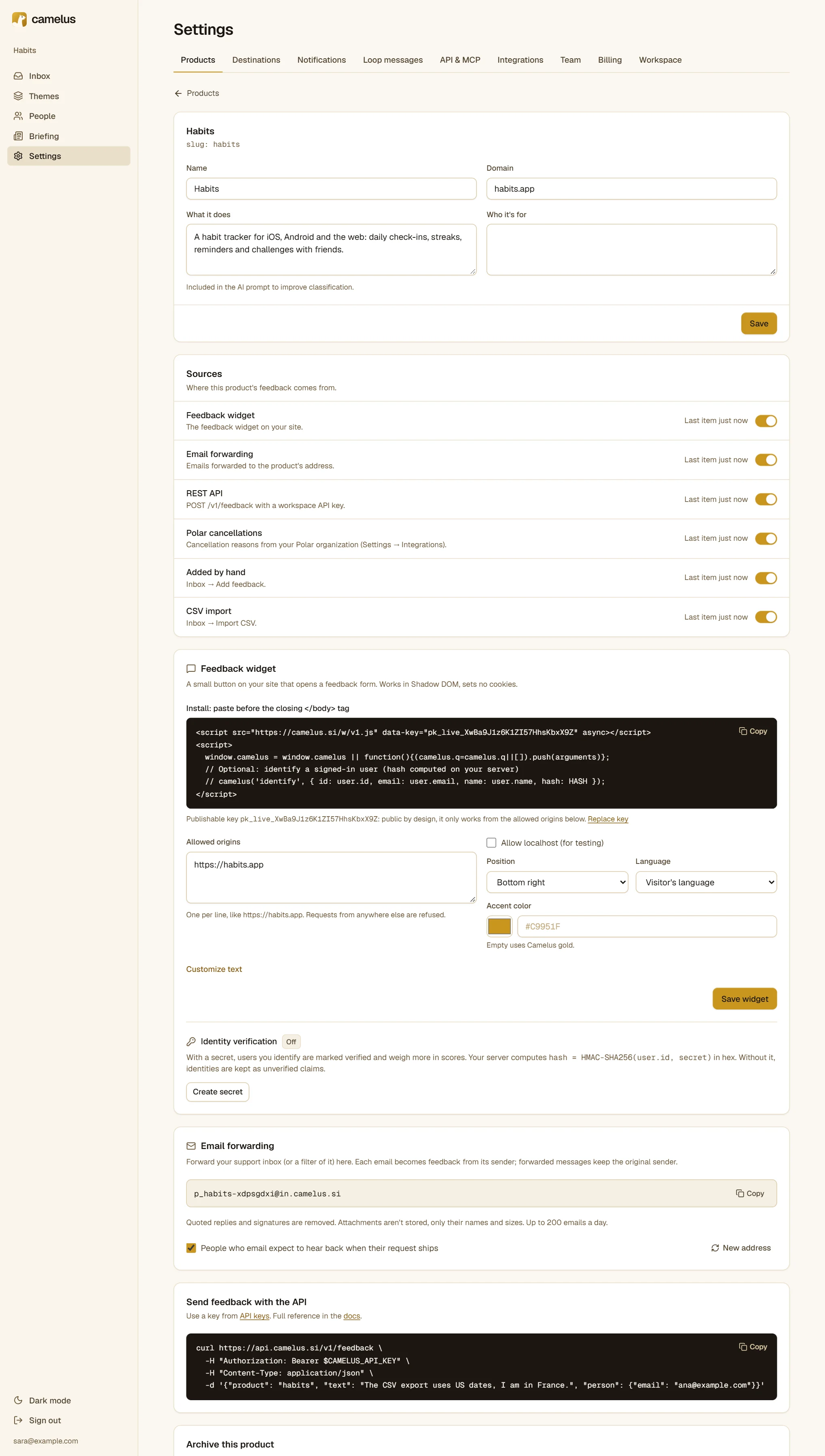 The product settings page: the Sources list with switches, the widget's install snippet and settings, the email forwarding address and the API example.