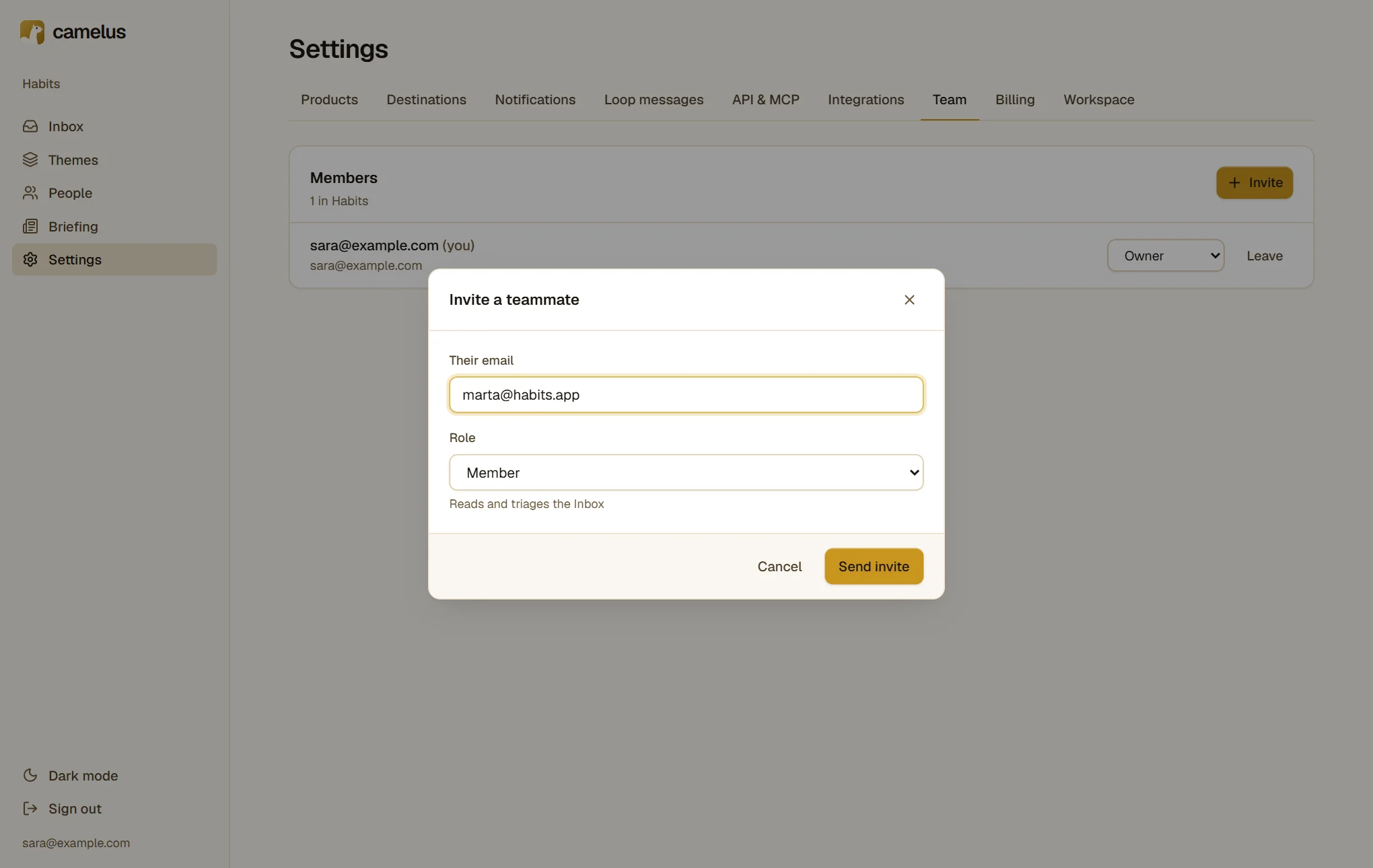 The Team page: Sara as owner, and an invite form for marta@habits.app with a role picker.