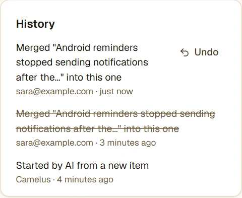 The theme history: the merge just made with an Undo button, an earlier merge struck through because it was undone, and the theme's start.