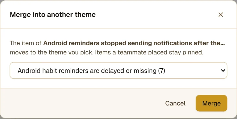 The "Merge into another theme" dialog, with the target theme picked.