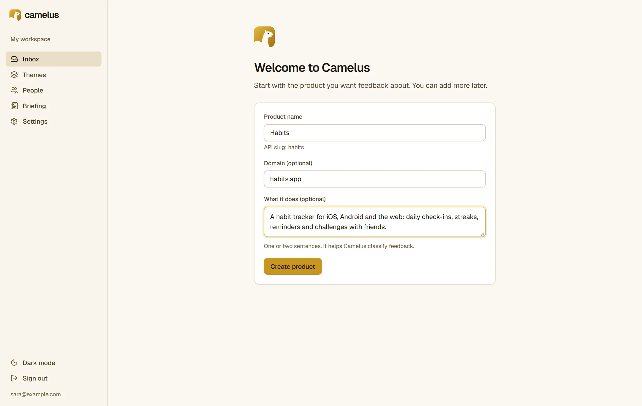 The welcome screen with the product name "Habits", the domain "habits.app" and a short description filled in.